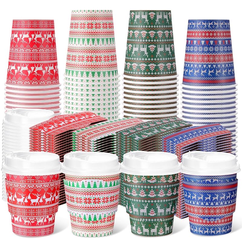 Multicolor 100 Pack 8 oz Christmas Disposable Coffee Cups with Lids & Sleeves (100 Pcs) – 4 Festive Designs