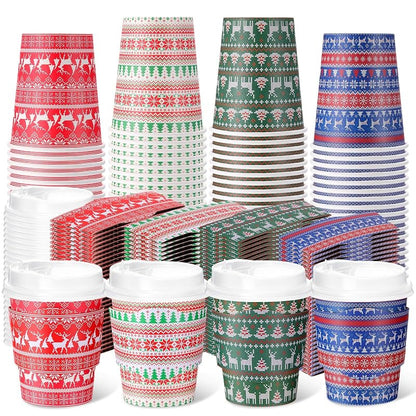 Multicolor 100 Pack 8 oz Christmas Disposable Coffee Cups with Lids & Sleeves (100 Pcs) – 4 Festive Designs