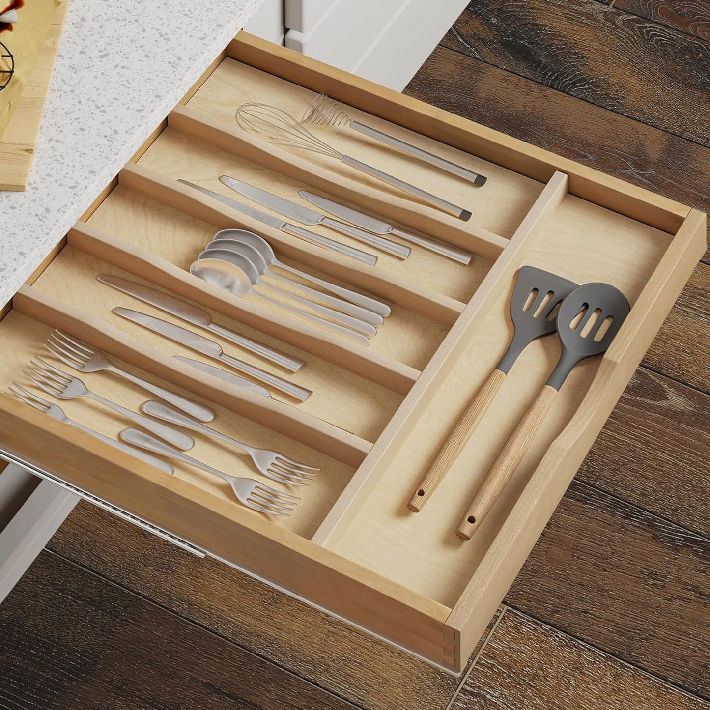 WelFurGeer Solid Birch Wood Silverware Organizer - Stylish Kitchen Utensil Tray for Cutlery & Flatware
