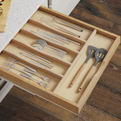 WelFurGeer Solid Birch Wood Silverware Organizer - Stylish Kitchen Utensil Tray for Cutlery & Flatware