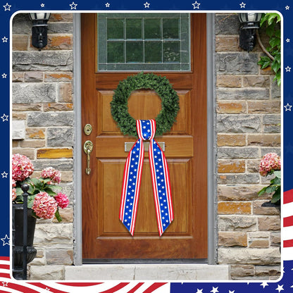 RunNico Patriotic Wreath Sash - 2 Pack Red, White & Blue Satin Decor for 4th of July | 53" L x 3.4" W