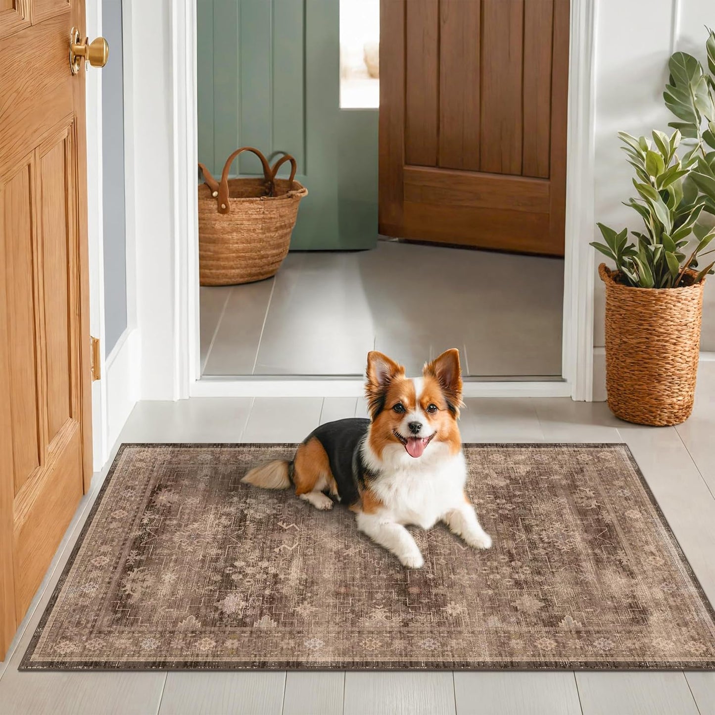 Skiennix Brown Boho Washable Entry Rug - Non-Slip Rubber Backing | 3x4 Indoor Mat in Earthy Taupe Floral Design