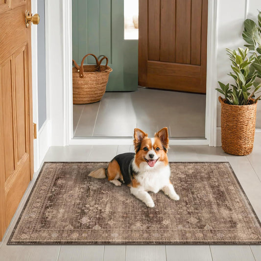 Skiennix Brown Boho Washable Entry Rug - Non-Slip Rubber Backing | 3x4 Indoor Mat in Earthy Taupe Floral Design