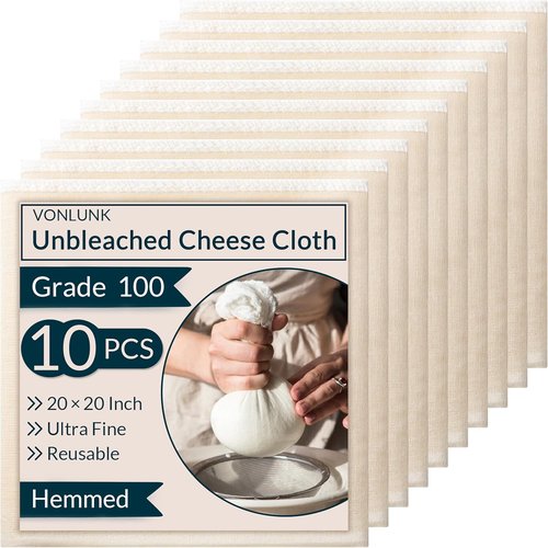 10-Pack Cheesecloth by Grade 100 - 20x20 Inch Reusable Unbleached Cotton Strainer for Cooking & Baking