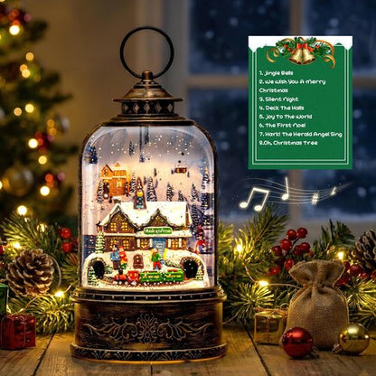 Christmas Village Snow Globe - Musical Water Lantern with Train Station Scene | Battery Operated & USB Powered Holiday Decoration