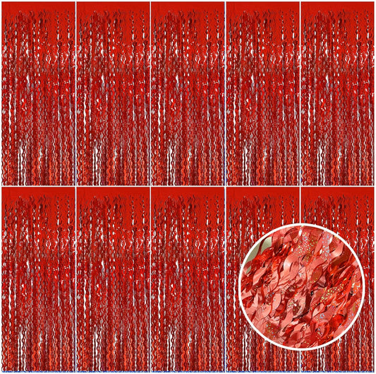 Red Tinsel Foil Fringe Curtains - Sparkling Wavy Backdrop for Parties & Events | Photo Booth Decor