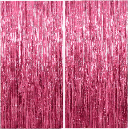 Pink Metallic Tinsel Foil Curtains by [Brand Name] - 2 Pack Photo Booth Backdrop for Parties & Events