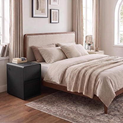 Modern Leather Nightstand with 2 Drawers, USB Charging & 16" Black