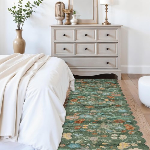 Washable 2'6x12 Hallway Runner Rug: Soft Entryway Kitchen Floral Runners Non Slip Water Resistant Nursery Bathroom Floor Mat Light Weight Carpet for Living Room Bedroom (2'6x12 Floral/Green)