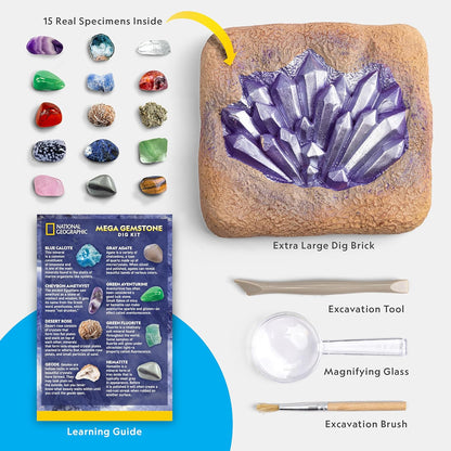 National Geographic Mega Gemstone Dig Kit - Unearth 15 Real Gemstones & Crystals | STEM Science Kit for Kids