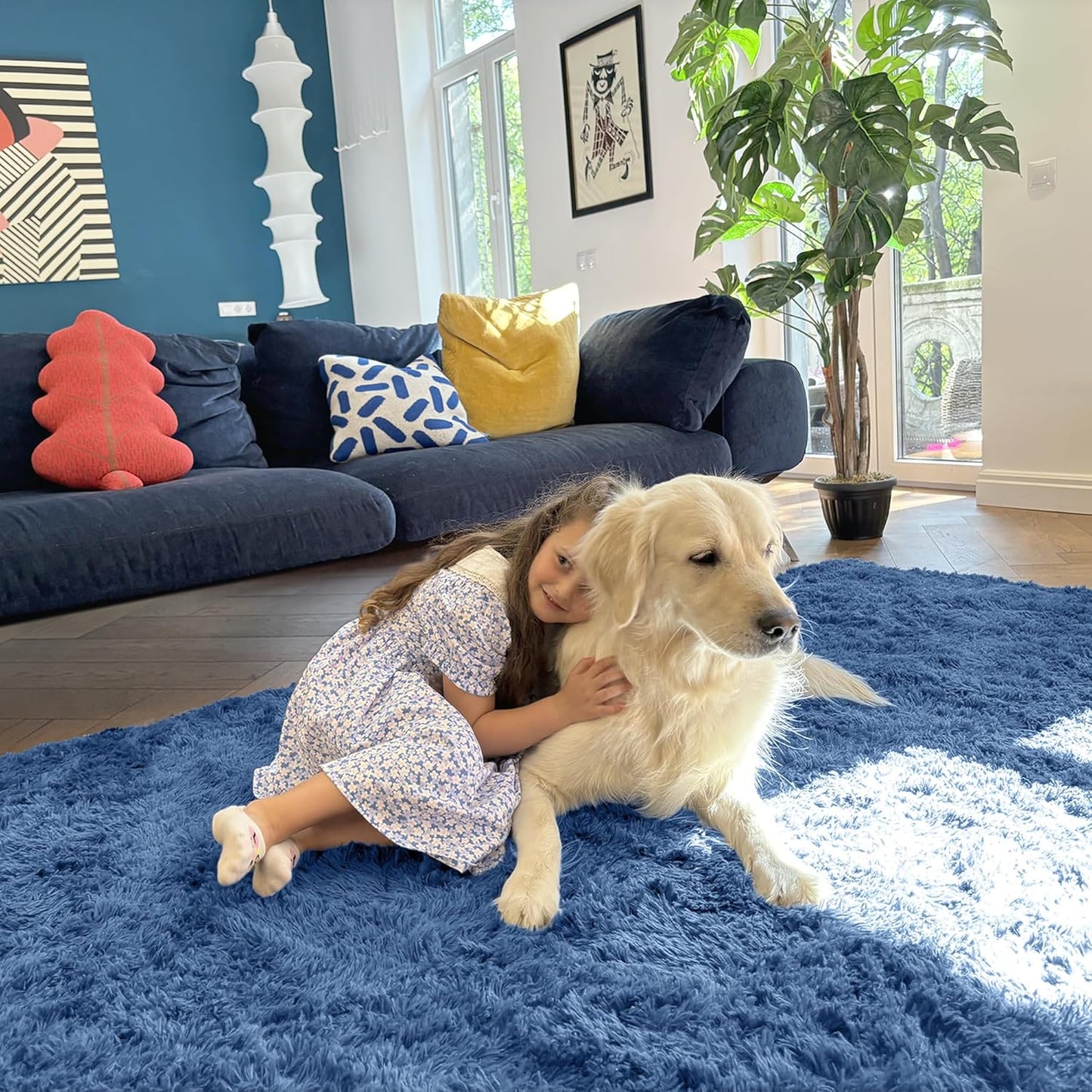 OLANLY Area Rug - Soft Fluffy Shaggy Design - Machine Washable 4x5.9 ft - Ideal for Living Room, Bedroom, Nursery, Blue