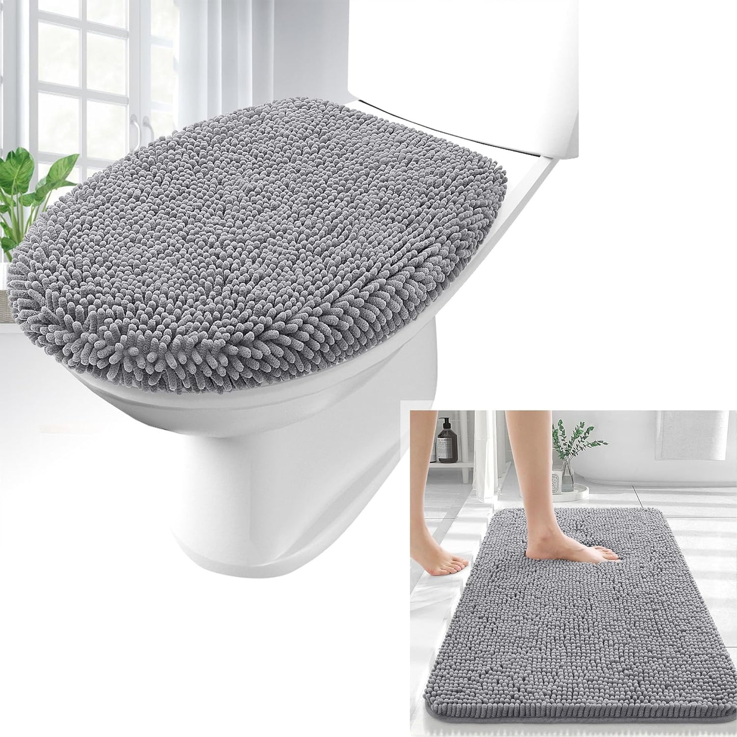 OLANLY Chenille Bath Rug Set - Soft Grey Bath Rug (30x20) & Toilet Lid Cover (17.5x15)