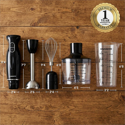 OVENTE Immersion Hand Blender Set - 300W Electric Stick Mixer with Stainless Steel Blades & Whisk, Black