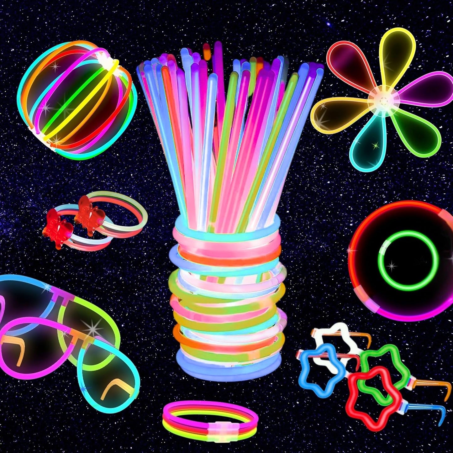 PartySticks Ultra Bright Glow Sticks - Glow in The Dark Party Supplies with Glasses, Bracelets & Connectors | Perfect for Halloween & 4th of July Celebrations