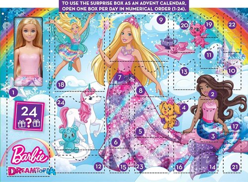 Barbie Dreamtopia Advent Calendar - Fantasy-Themed with 24 Daily Surprises & Toys, Includes Fashion Doll, Pets, Clothes & Accessories