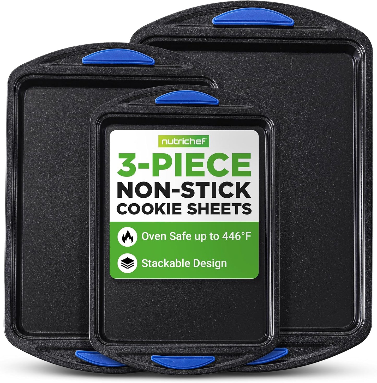 NutriChef Nonstick Cookie Sheets Set - 3-Piece Carbon Steel Bakeware with Silicone Handles | Durable & Oven Safe
