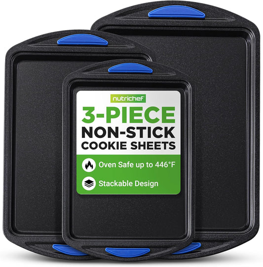 NutriChef Nonstick Cookie Sheets Set - 3-Piece Carbon Steel Bakeware with Silicone Handles | Durable & Oven Safe