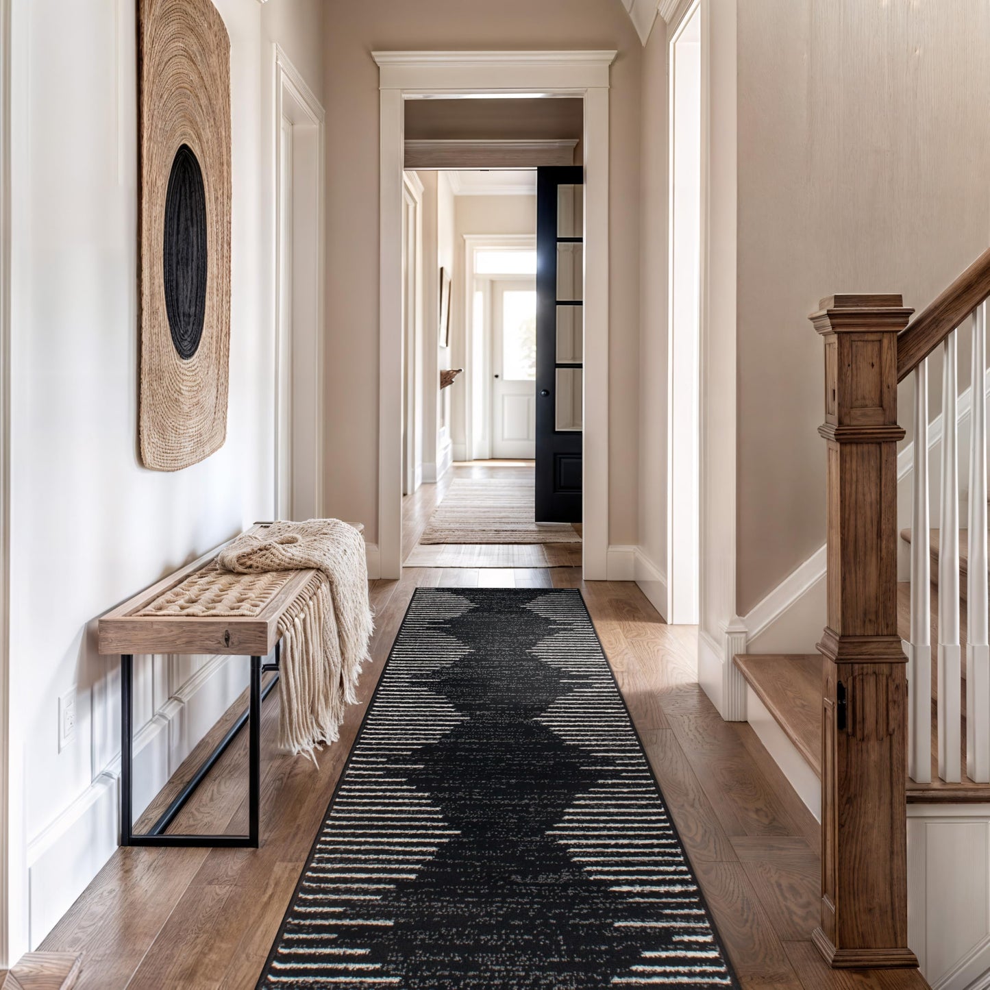 Rugshop Bohemian Stripe Stain Resistant Carpet High Traffic for Hallway Entryway Living Room Kitchen Bedroom Laundry Runner Rug 2' x 7' Black