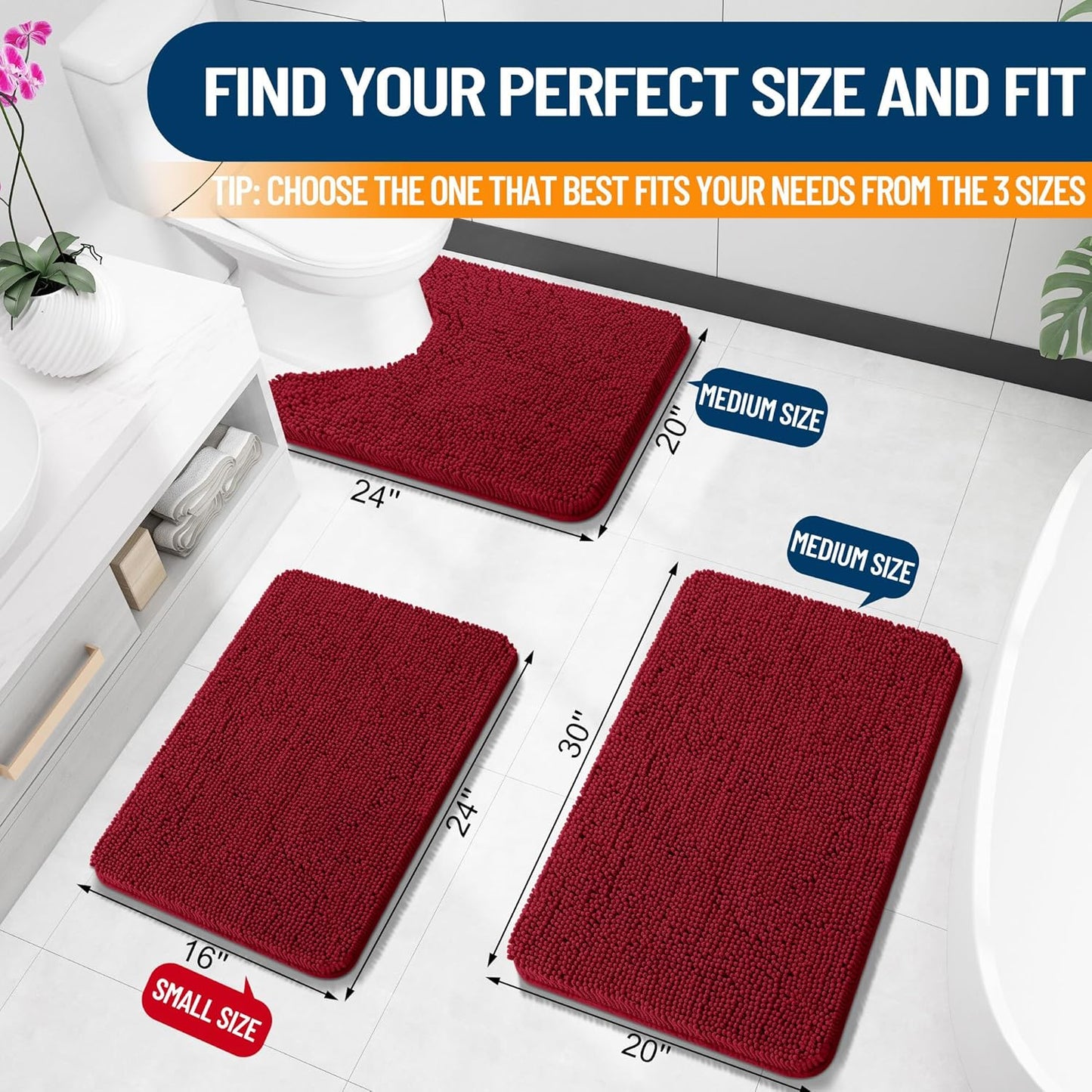 OLANLY Bathroom Rugs - Extra Soft Chenille Bath Mats | 24x16, Quick Dry & Machine Washable, Red