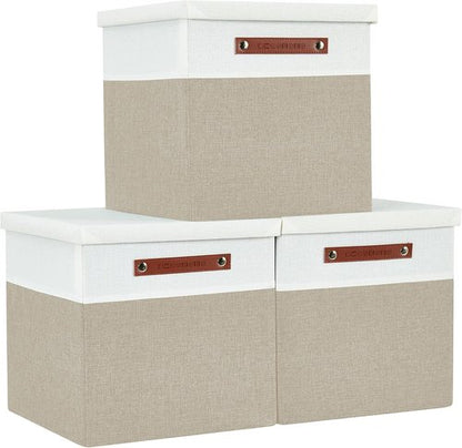 DECOMOMO Storage Basket - Fabric Box with Lid & Handles | Beige and White, 11” | 3 Pack