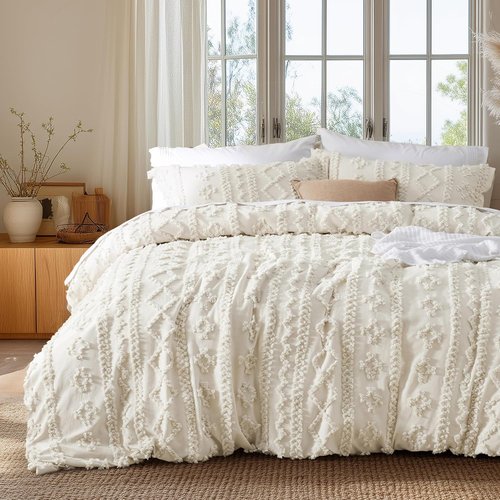 Bedsure Boho Duvet Cover - Soft & Comfortable Queen Size Bedding Set | Elegant Beige Design, Machine Washable