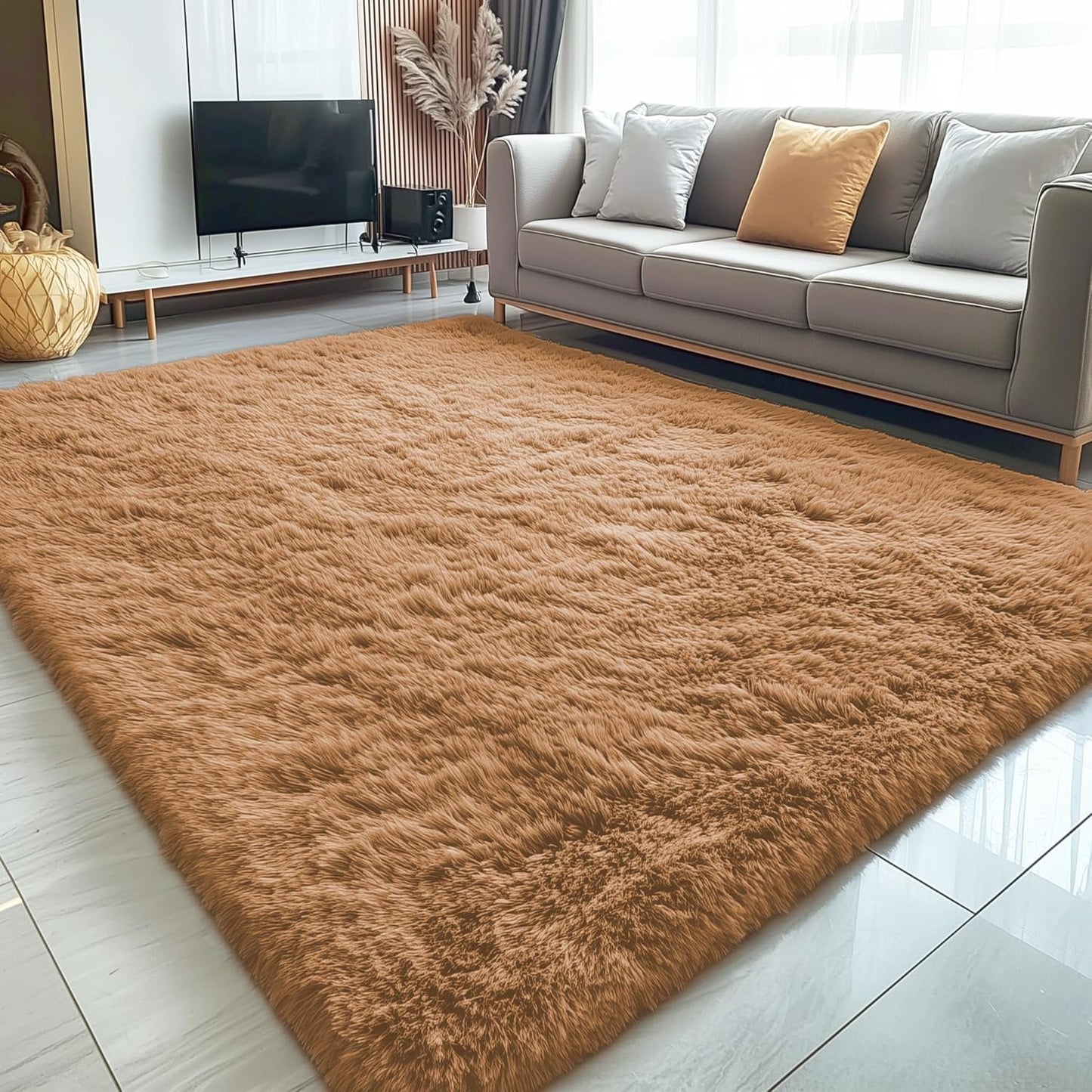 OLANLY Large 5x8 Machine Washable Area Rug - Soft Fluffy Shaggy Carpet for Living Room & Bedroom | Khaki