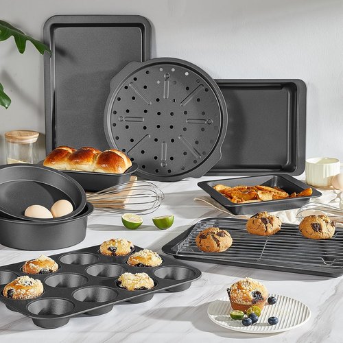 HONGBAKE Nonstick Bakeware Set - 10-Piece Kitchen Baking Pans with Wider Grips | Grey