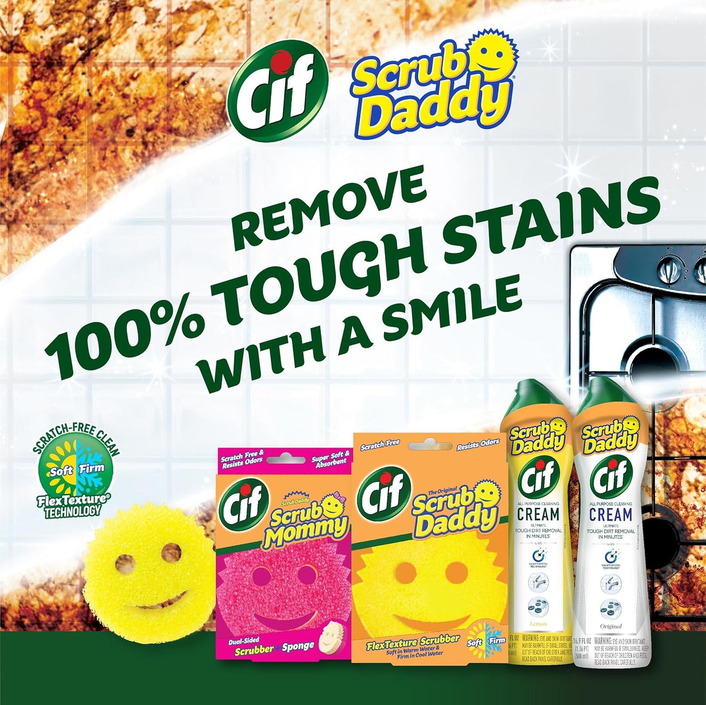 Scrub Daddy Sponges | Non-Scratch Kitchen & Bathroom Cleaning Set with Scrub Mommy & Cif Cleaner