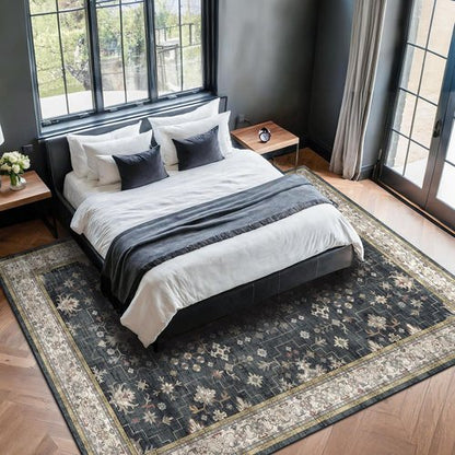 Hazo Haus Boho Area Rug - Washable 7x9 Black Low Pile Non-Slip Dining Room & Bedroom Decor | Stain Resistant
