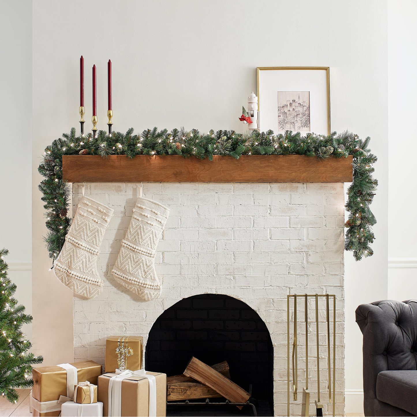 National Tree Company Pre-Lit Artificial Christmas Garland, Green, Carolina Pine, White Lights, Decorated with Pine Cones, Plug In, Christmas Collection, 9 Feet