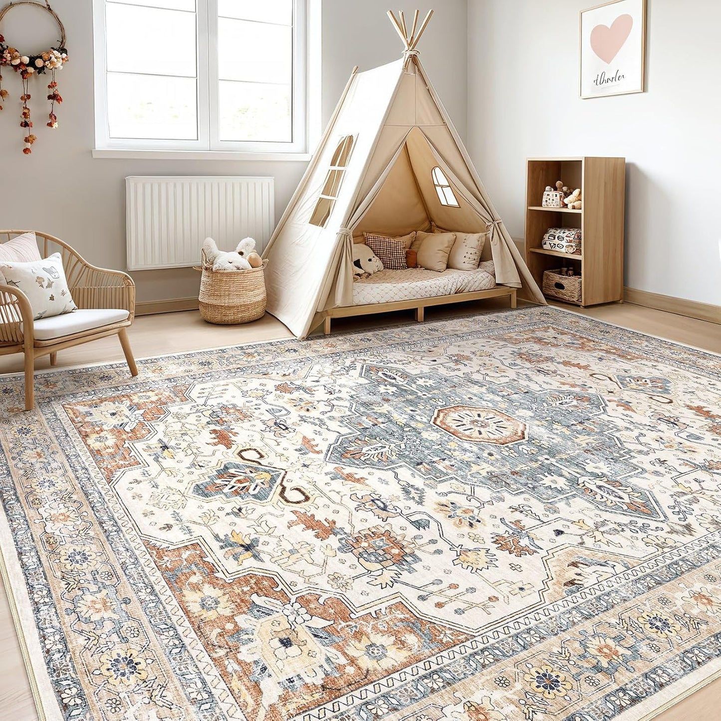 Skiennix 9x12 Area Rug - Washable Boho Vintage Design | Soft, Stain-Resistant Indoor Carpet in Beige & Blue