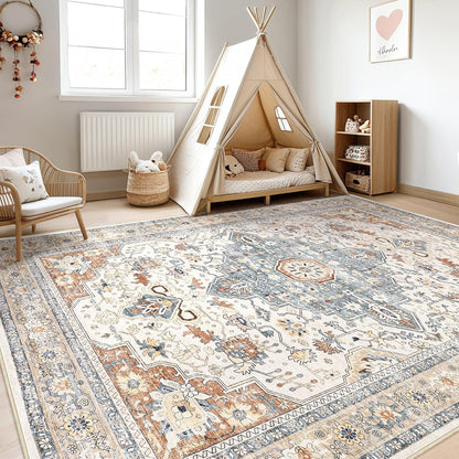 Skiennix 9x12 Area Rug - Washable Boho Vintage Design | Soft, Stain-Resistant Indoor Carpet in Beige & Blue