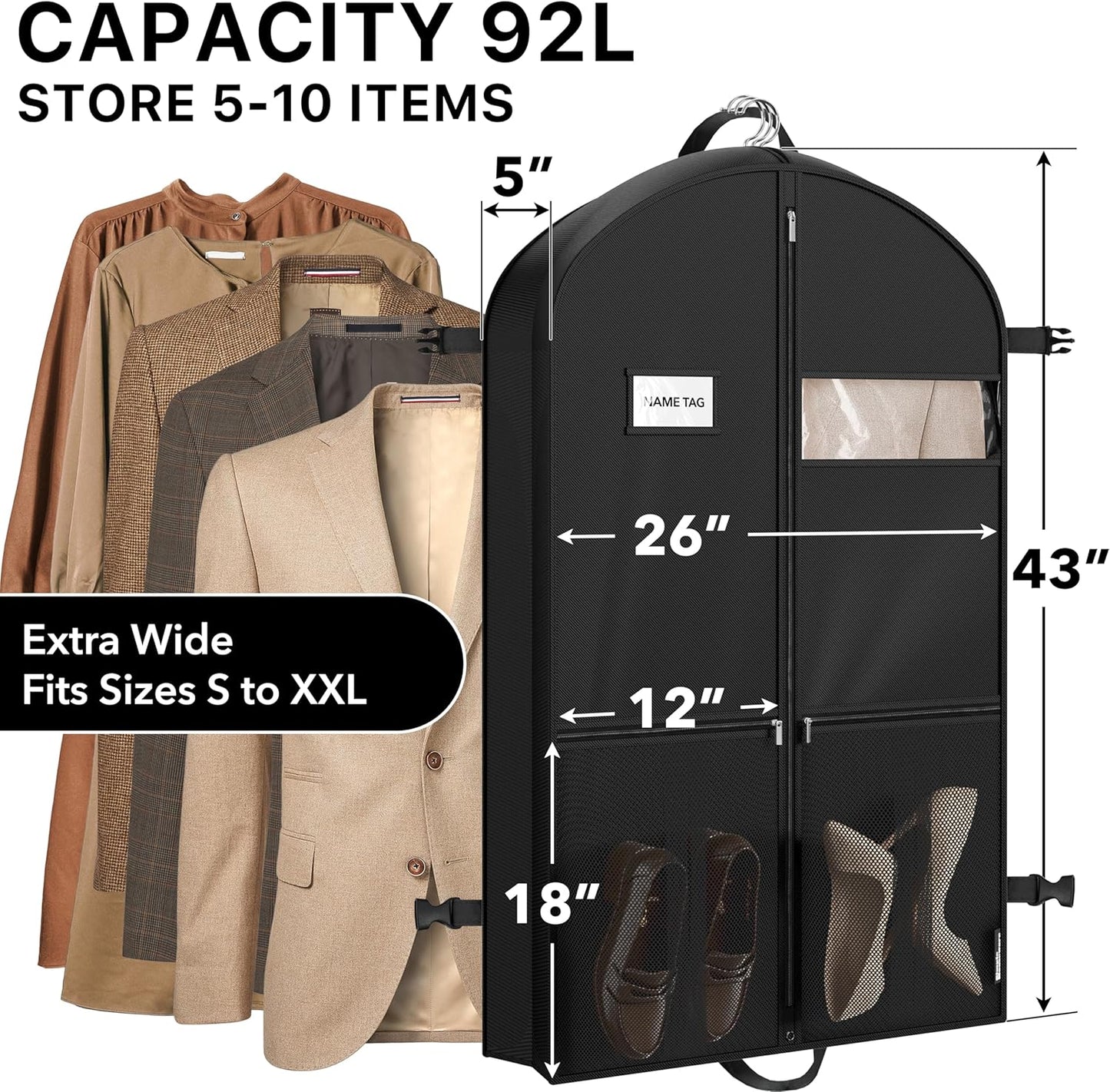 Simple Houseware 43" Travel Garment Bag - Heavy Duty 300D Polyester with Pockets for Suits & Dresses