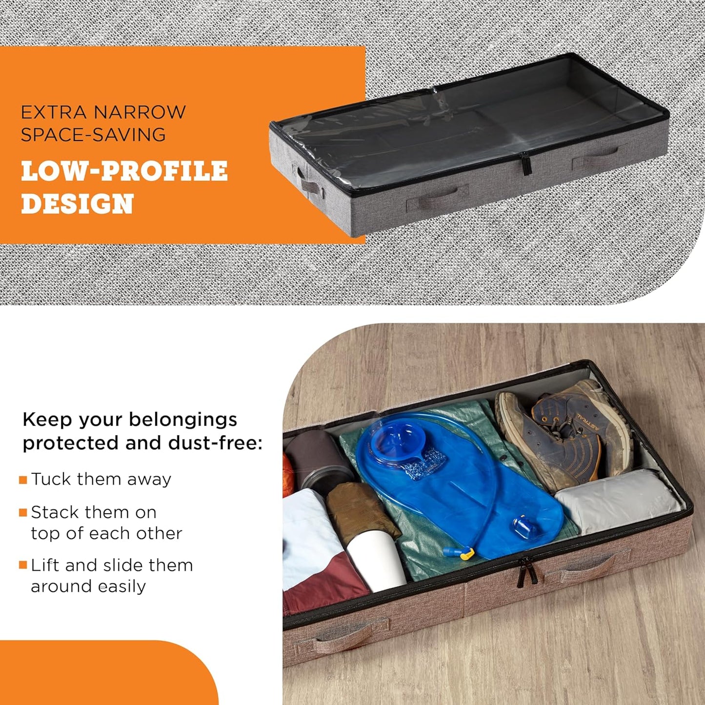 storageLAB Under Bed Storage Containers - Low Profile Organizers with Dual Zippers & Clear Windows | 2 Pack, Gray