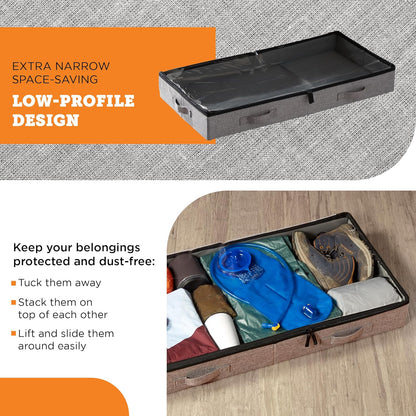 storageLAB Under Bed Storage Containers - Low Profile Organizers with Dual Zippers & Clear Windows | 2 Pack, Gray