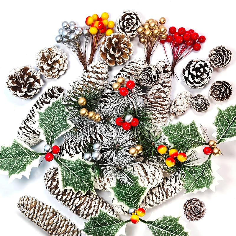 Snowy Pine Cones & Berry Stem Craft Kit - 140 Pcs Holiday Decor (Variation: Snow)