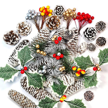 Snowy Pine Cones & Berry Stem Craft Kit - 140 Pcs Holiday Decor (Variation: Snow)