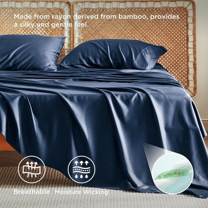 Bedsure Cooling Bed Sheets - Breathable Rayon from Bamboo | Soft & Luxurious Full Size, Deep Pocket Up to 16 Inches, Navy