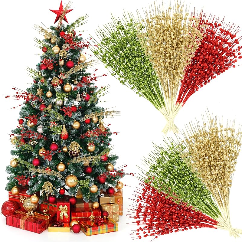 36 Bundles Christmas Glitter Berry Stems 16.9" Green Red Gold - Variation: Green, Red, Gold