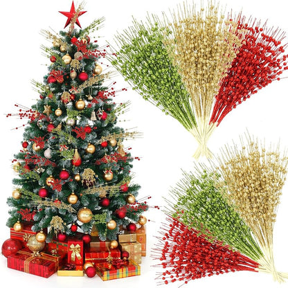 36 Bundles Christmas Glitter Berry Stems 16.9" Green Red Gold - Variation: Green, Red, Gold