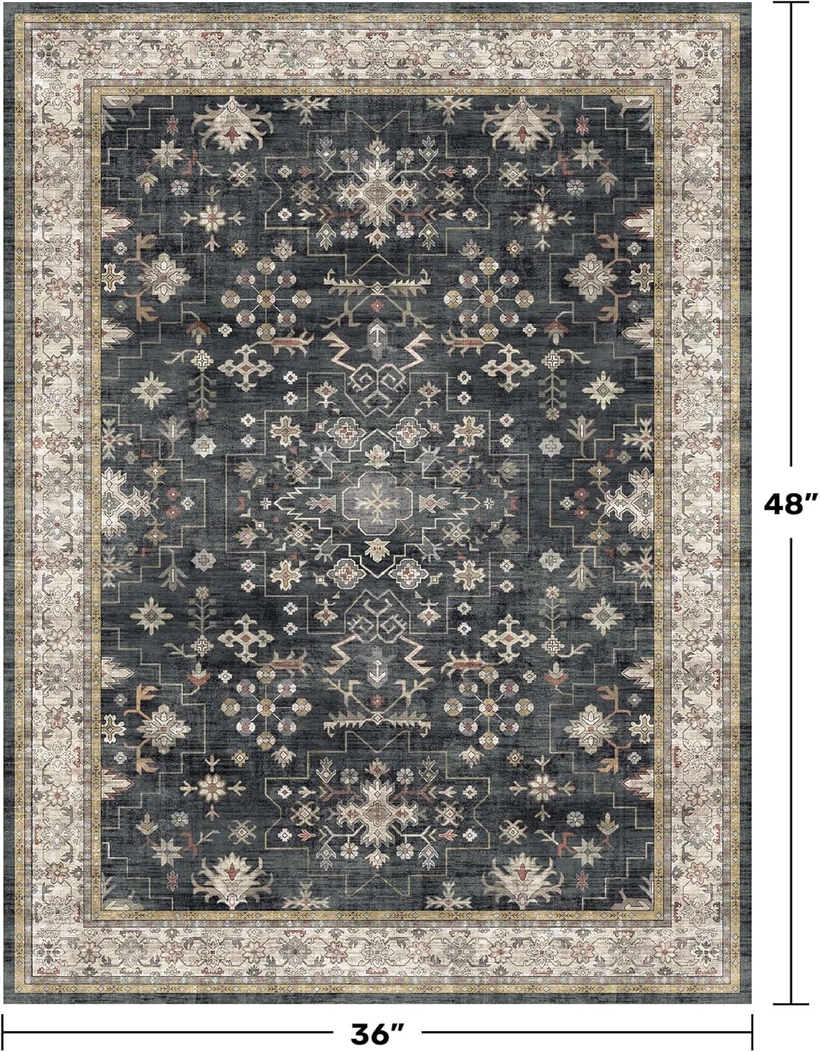 Skiennix Black Boho Washable Entry Rug - Non-Slip Rubber Backing | Stain & Fade Resistant, 3x4 ft