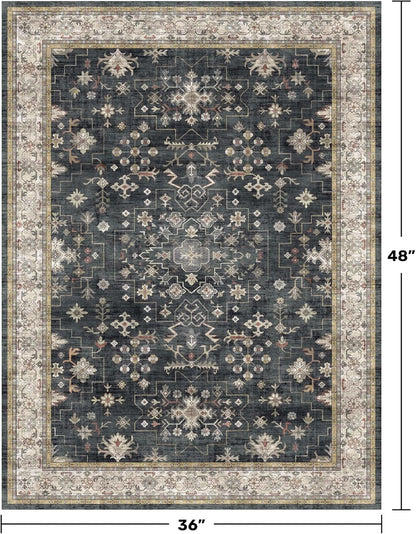 Skiennix Black Boho Washable Entry Rug - Non-Slip Rubber Backing | Stain & Fade Resistant, 3x4 ft