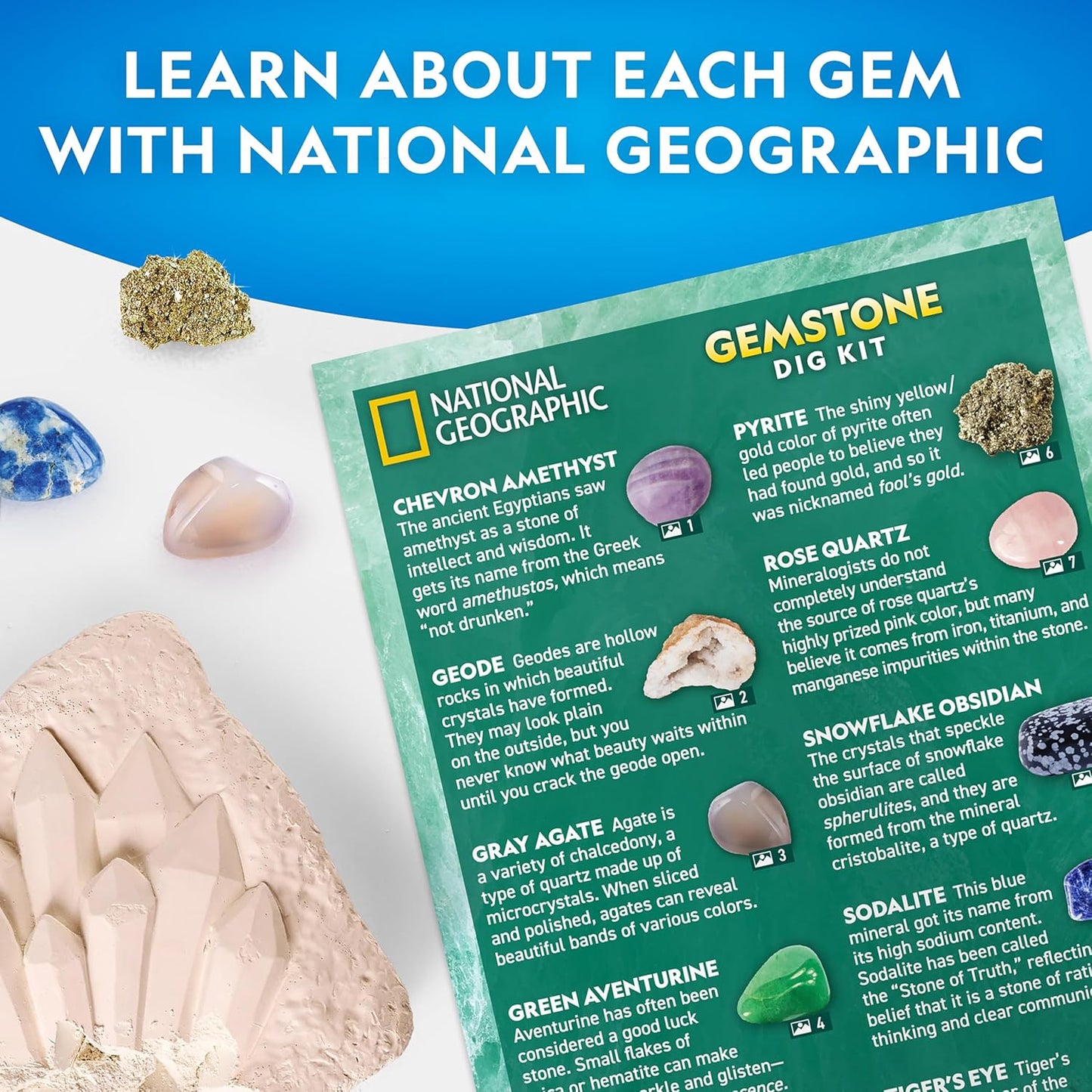 National Geographic Gemstone Dig Kit - Discover 10 Real Gemstones & Crystals | Fun Science Kit for Kids