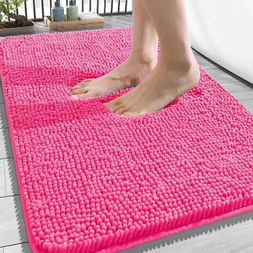 OLANLY Bathroom Rugs 34x21, Extra Soft Absorbent Chenille Bath Rugs, Rubber Backing Quick Dry, Machine Washable Bath Mats for Bathroom Floor, Tub and Shower, Home Decor Accessories, Hot Pink