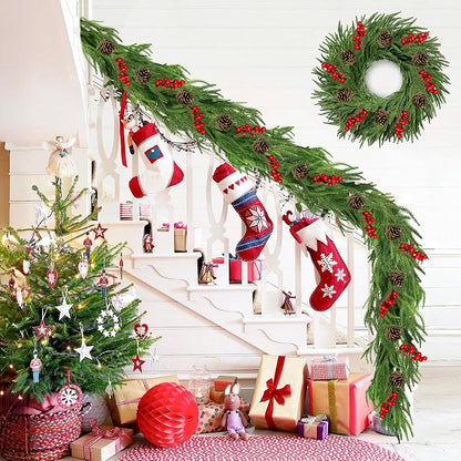 6Ft Norfolk Pine Garland with Red Berries & Pine Cones - Real-Touch Christmas Church Mantle