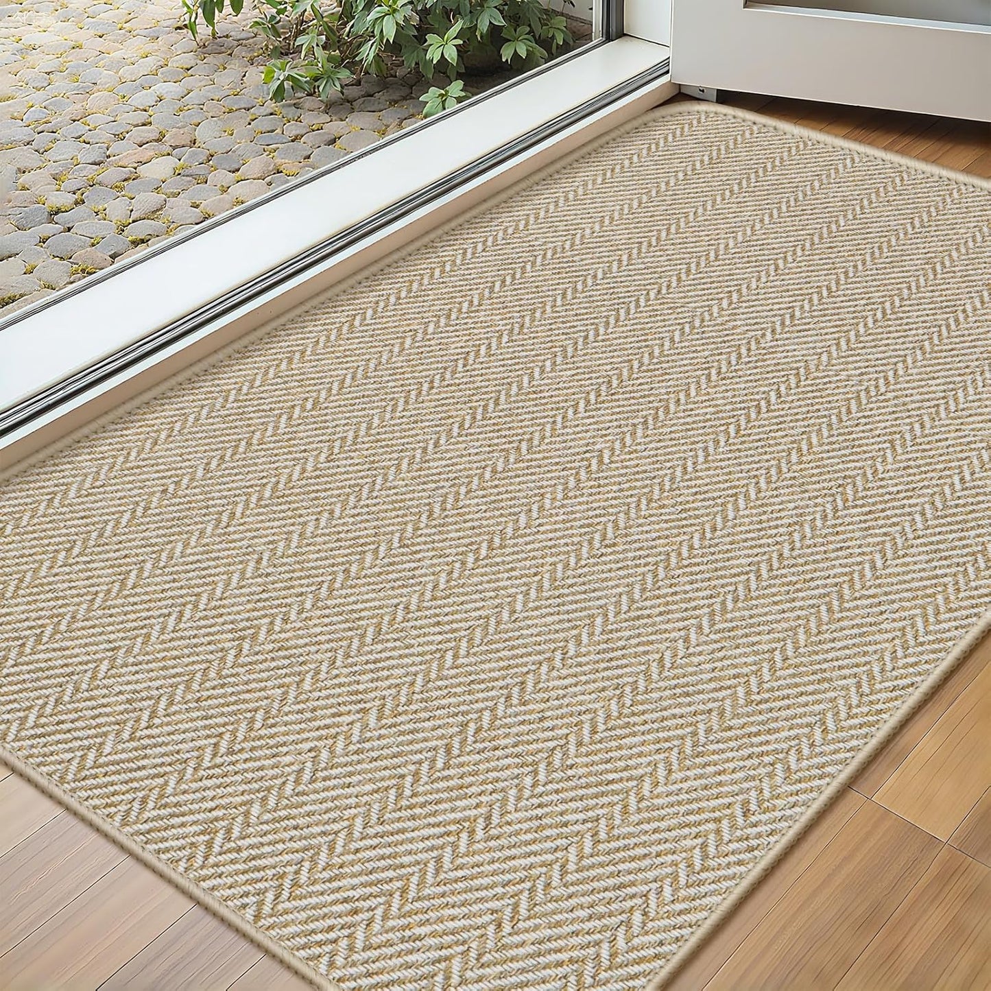 Skiennix Ultra Thin Indoor Door Mat - Non-Slip Rubber Backing | Herringbone Design, 17"x29", Beige