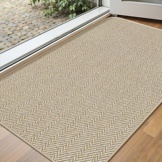 Skiennix Ultra Thin Indoor Door Mat - Non-Slip Rubber Backing | Herringbone Design, 17"x29", Beige