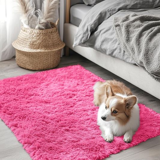 OLANLY Small Bedside Rug - Soft Fluffy Shaggy Throw Rug for Bedroom & Living Room | Hot Pink