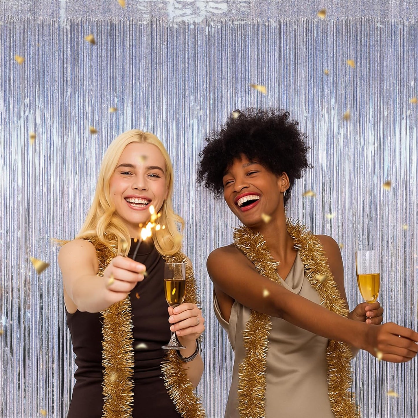NYE Silver Tinsel Foil Curtain - 4 Pack Glitter Backdrop | 3.28 FT x 7.05 FT Metallic Party Decor