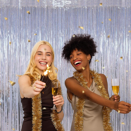 NYE Silver Tinsel Foil Curtain - 4 Pack Glitter Backdrop | 3.28 FT x 7.05 FT Metallic Party Decor